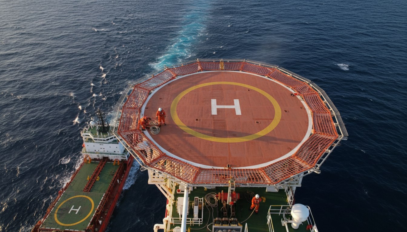 Offshore vessel helideck with painted landing markings and perimeter safety netting