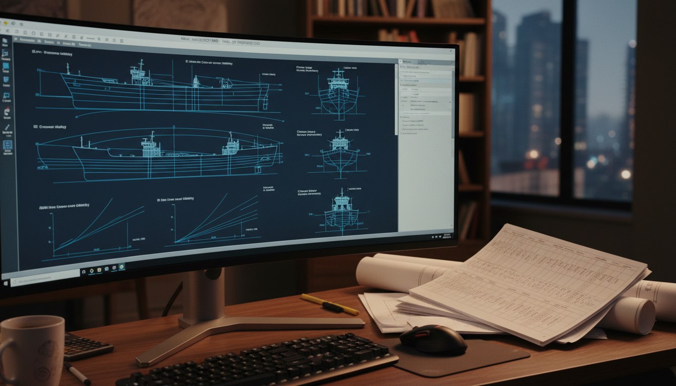 Naval architecture workstation showing a ship hull lines plan and stability curves