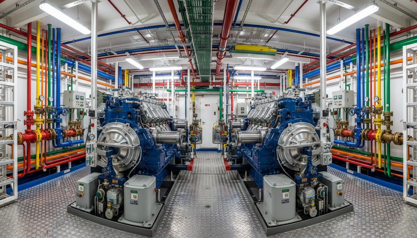Ship engine room interior with organised marine piping systems and valves