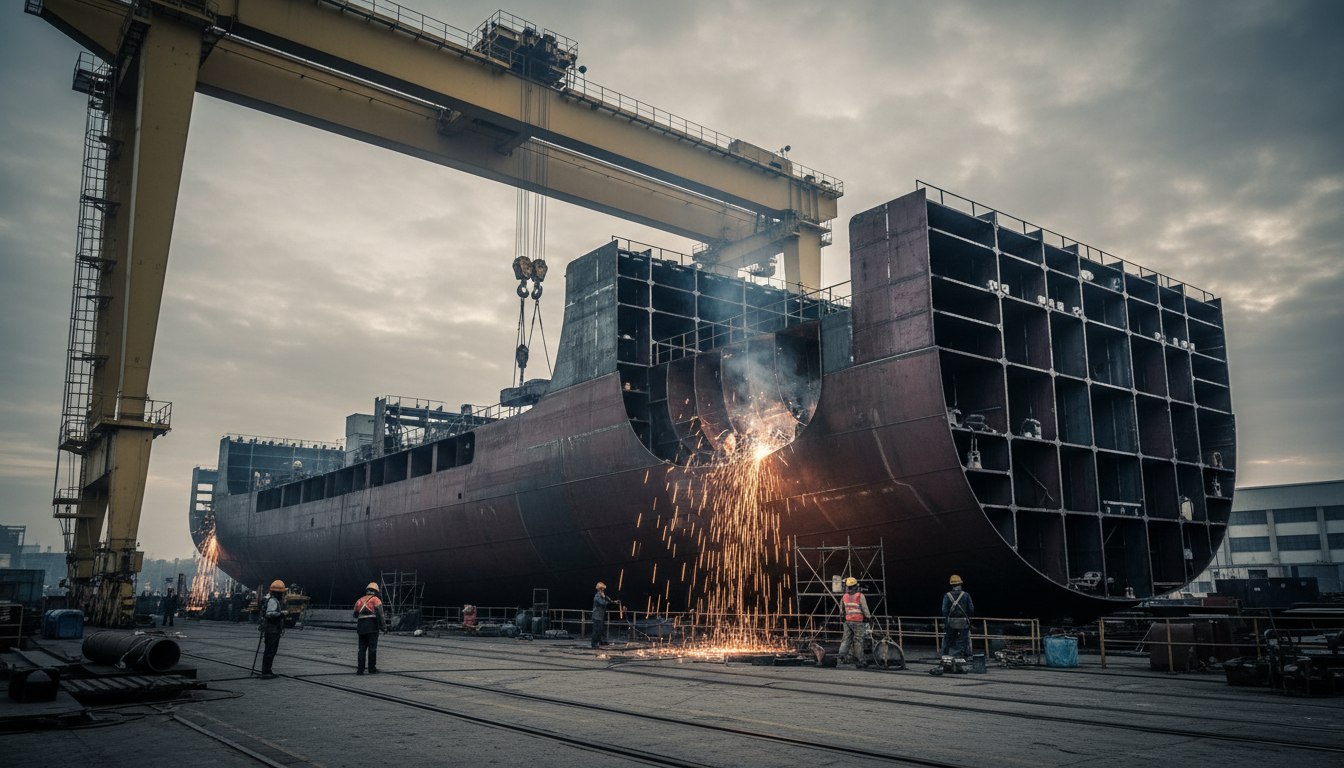 Steel ship hull block under construction showing structural frames and stiffeners